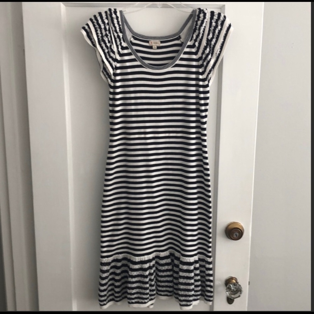 Cremieux black & white stripped dress with ruffles